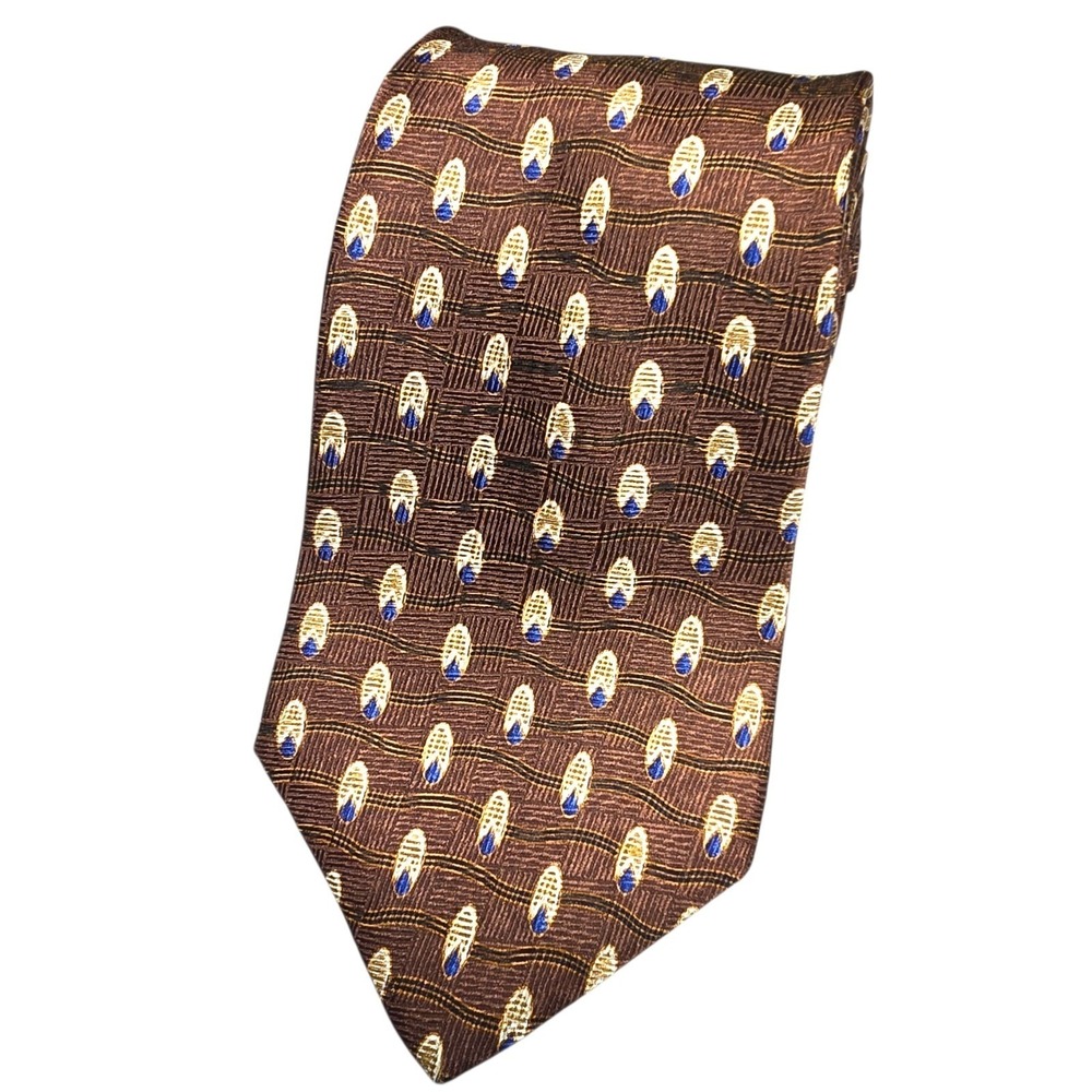 Vtg‎ NEO Bill Blass Silk Necktie Brown Gold Blue Geometric Mens Tie Luxury